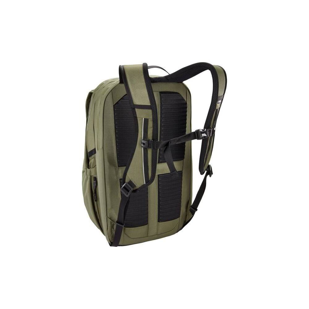 Thule Paramount Commuter Backpack in black with reflective rain cover, showing organized storage and waterproof design.