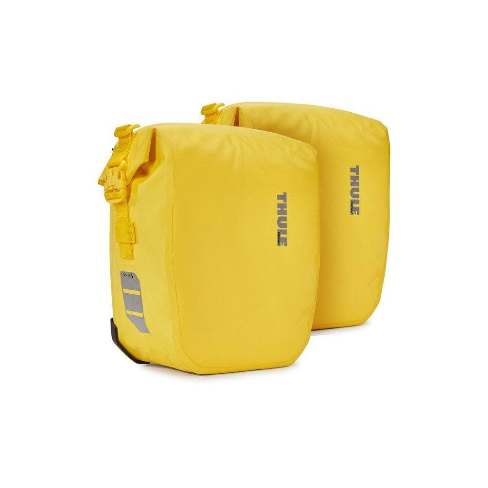 Thule Shield panniers pair waterproof touring and commuter bike bags with reflective panels, designed for bike accessories.