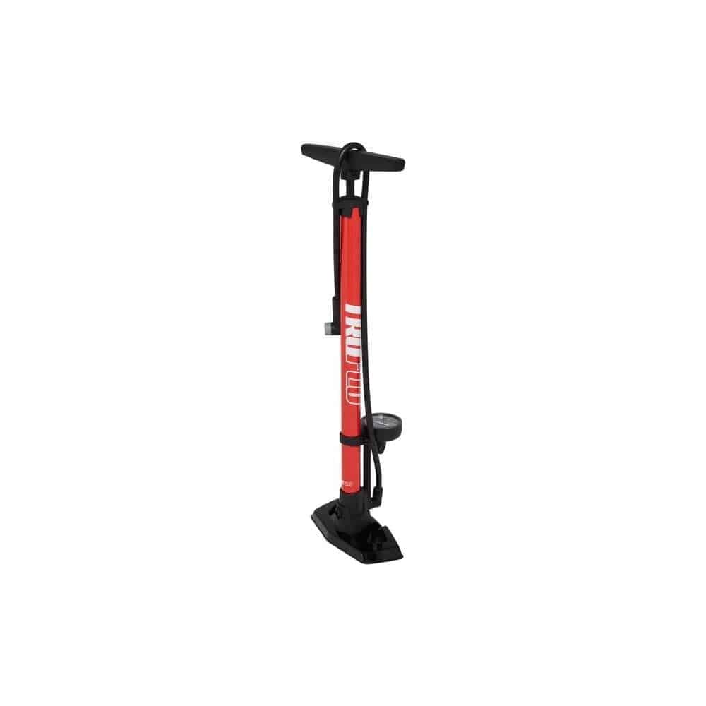 Truflo Easitrax 4 floor pump with auto-select head and pressure gauge, used for inflating bicycle tires and accessories.
