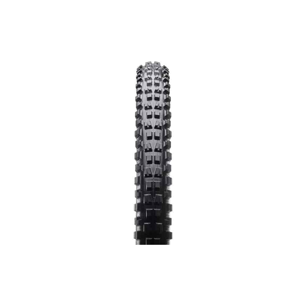 Maxxis Minion DHF mountain bike tyre with tubeless ready design and EXO protection, shown mounted on a bike wheel.