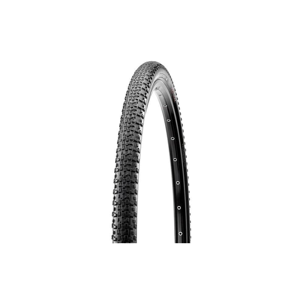 Maxxis Rambler tubeless-ready mountain bike tire with EXO protection for hardpack trails, shown mounted on a bike rim