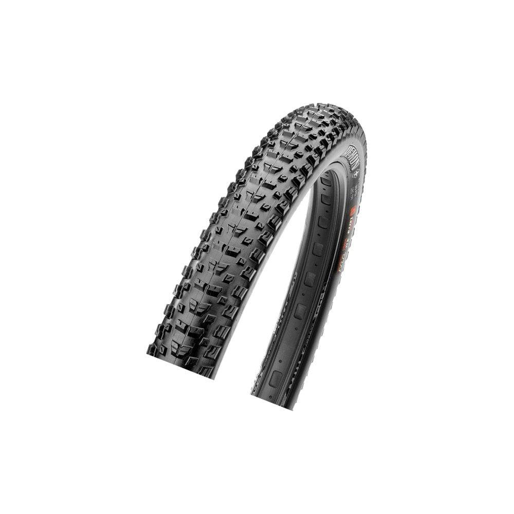 Maxxis Rekon tubeless-ready trail and cross-country mountain bike tire with EXO protection, shown mounted on a bike wheel.
