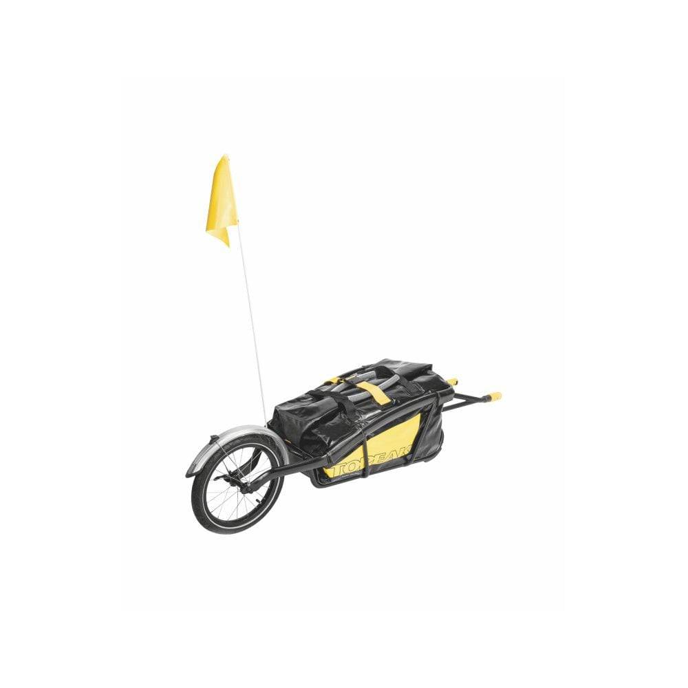 Topeak Journey Trailer attached to bike with waterproof drybag and SlideLock for 26-inch or 700c bikes, outdoor cycling accessory