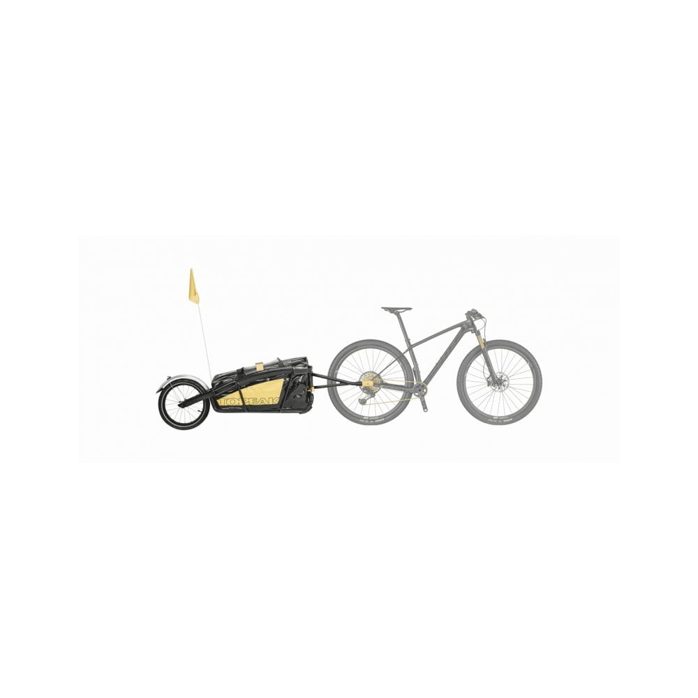 Topeak Journey Trailer accessory with waterproof drybag and SlideLock for 26-700c bikes, shown attached to a bike.
