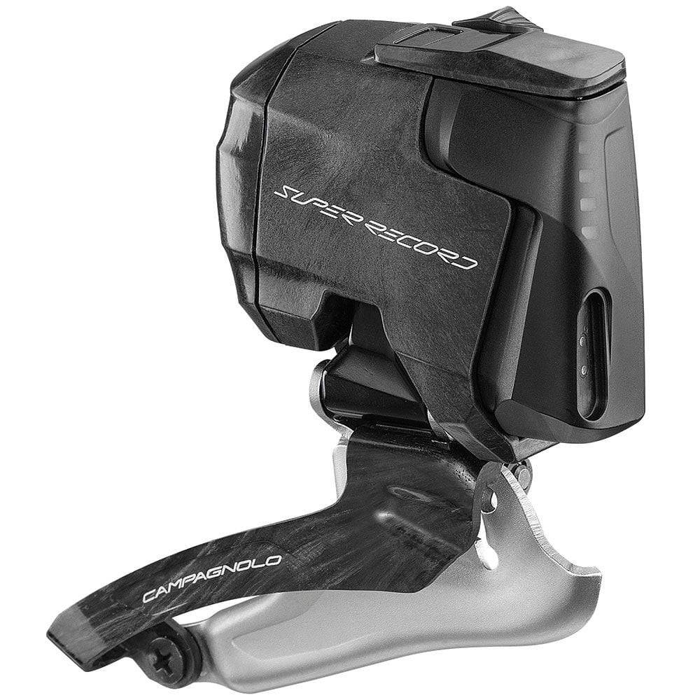 Campagnolo Super Record EPS 12-speed wireless front derailleur with Bluetooth connectivity, showcasing sleek component design.