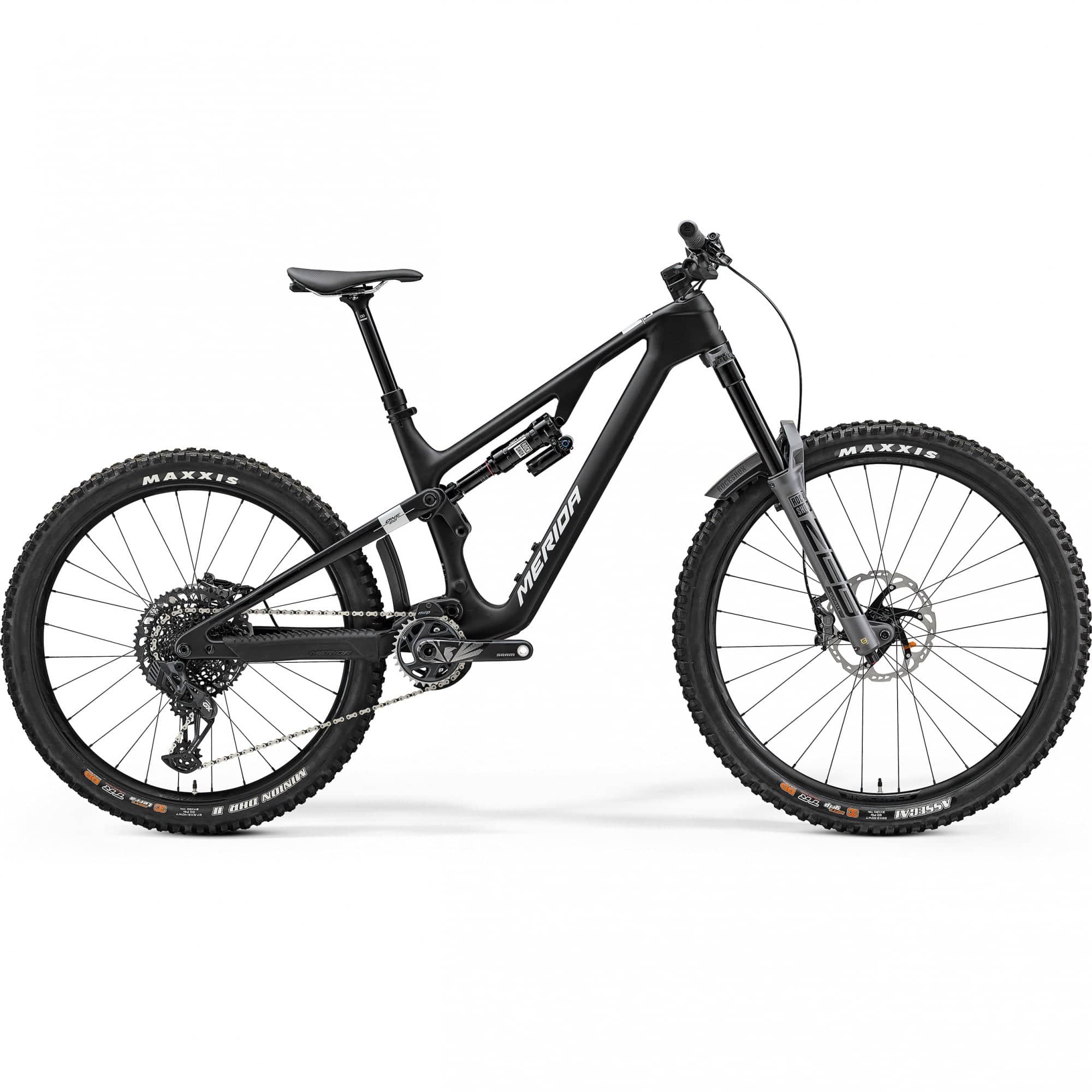 Merida One-Sixty 8000 mountain bike with adjustable suspension and SRAM GX AXS wireless drivetrain, shown outdoors on trail.