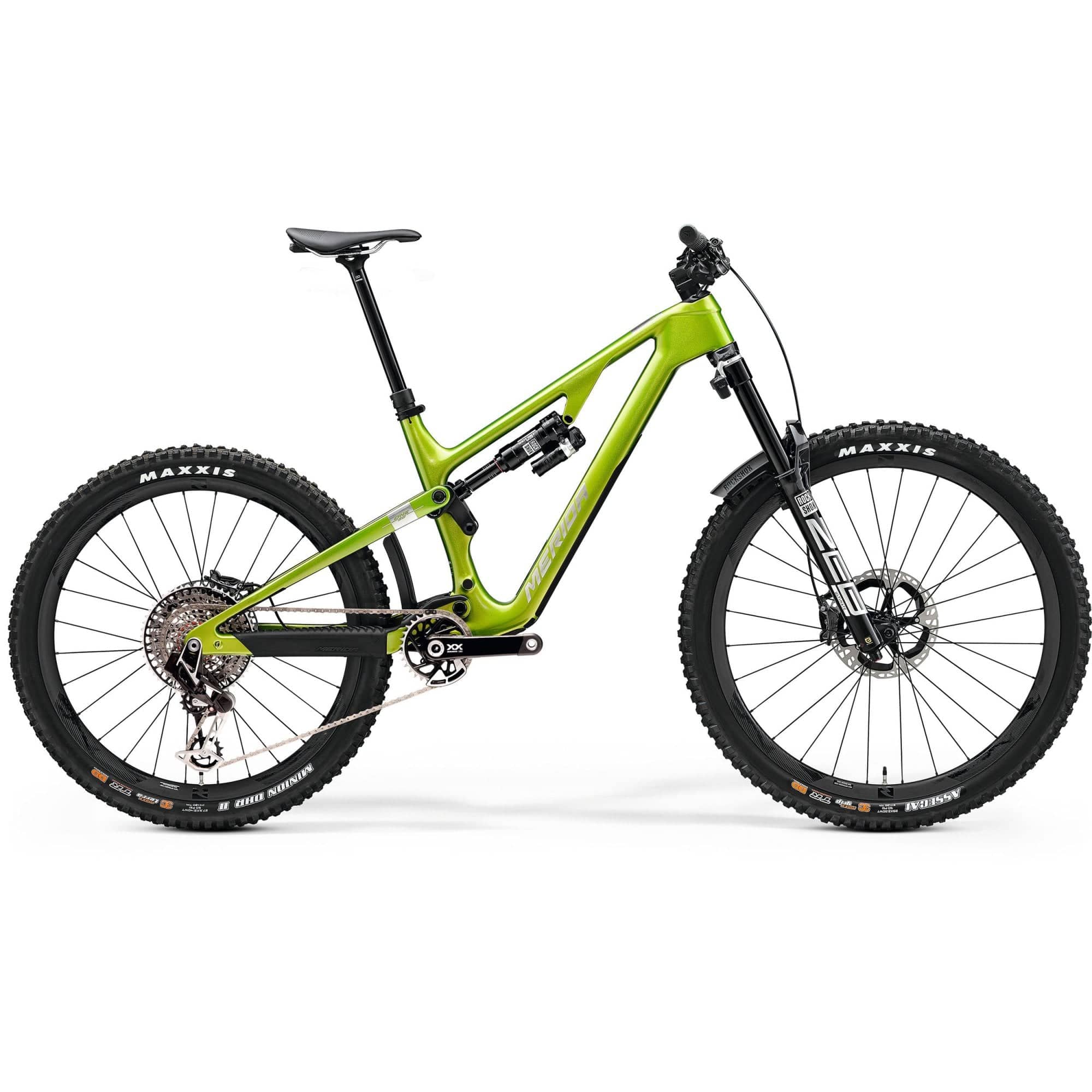 Merida One-Sixty 10K mountain bike with SRAM Eagle X01 AXS and Flight Attendant suspension system, showcasing the frame and components.