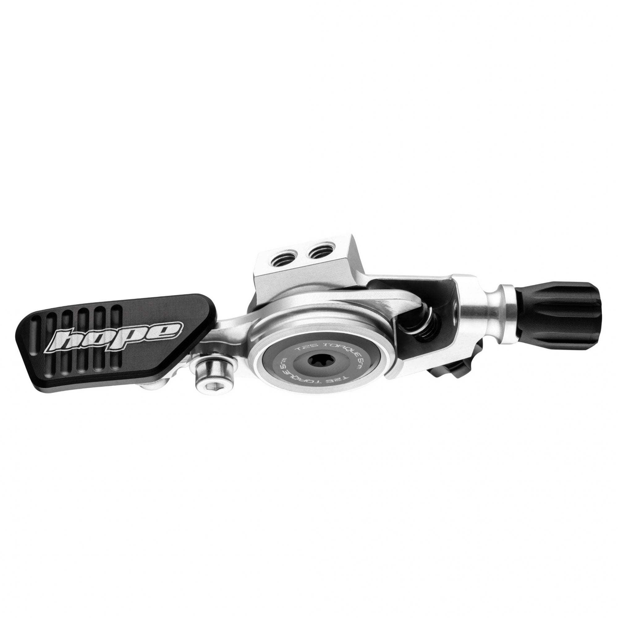Hope CNC machined dropper lever for adjustable reach dropper posts, showcasing precision components in metallic finish.