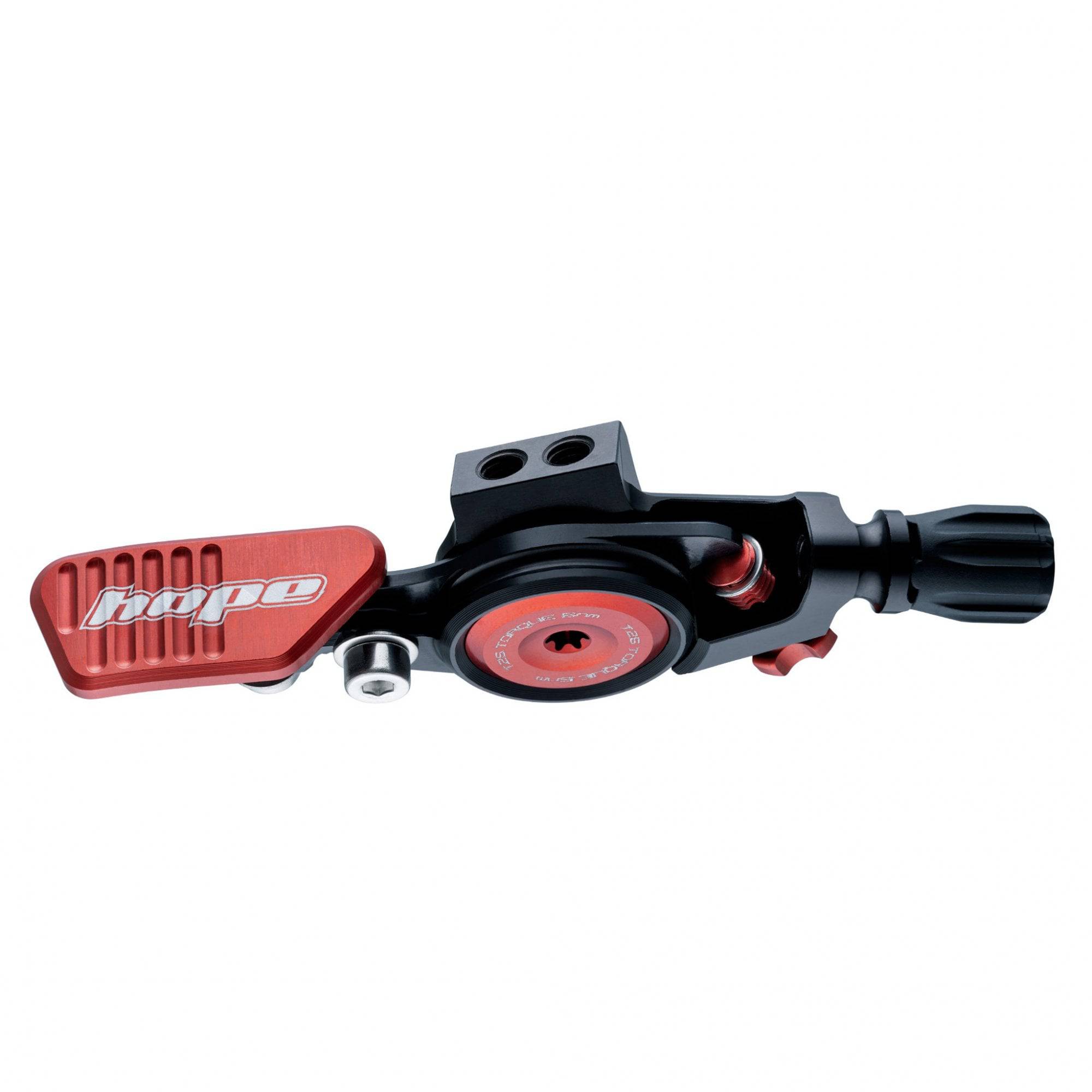 Hope CNC machined dropper lever, adjustable reach, dropper post component, designed for bike suspension systems.