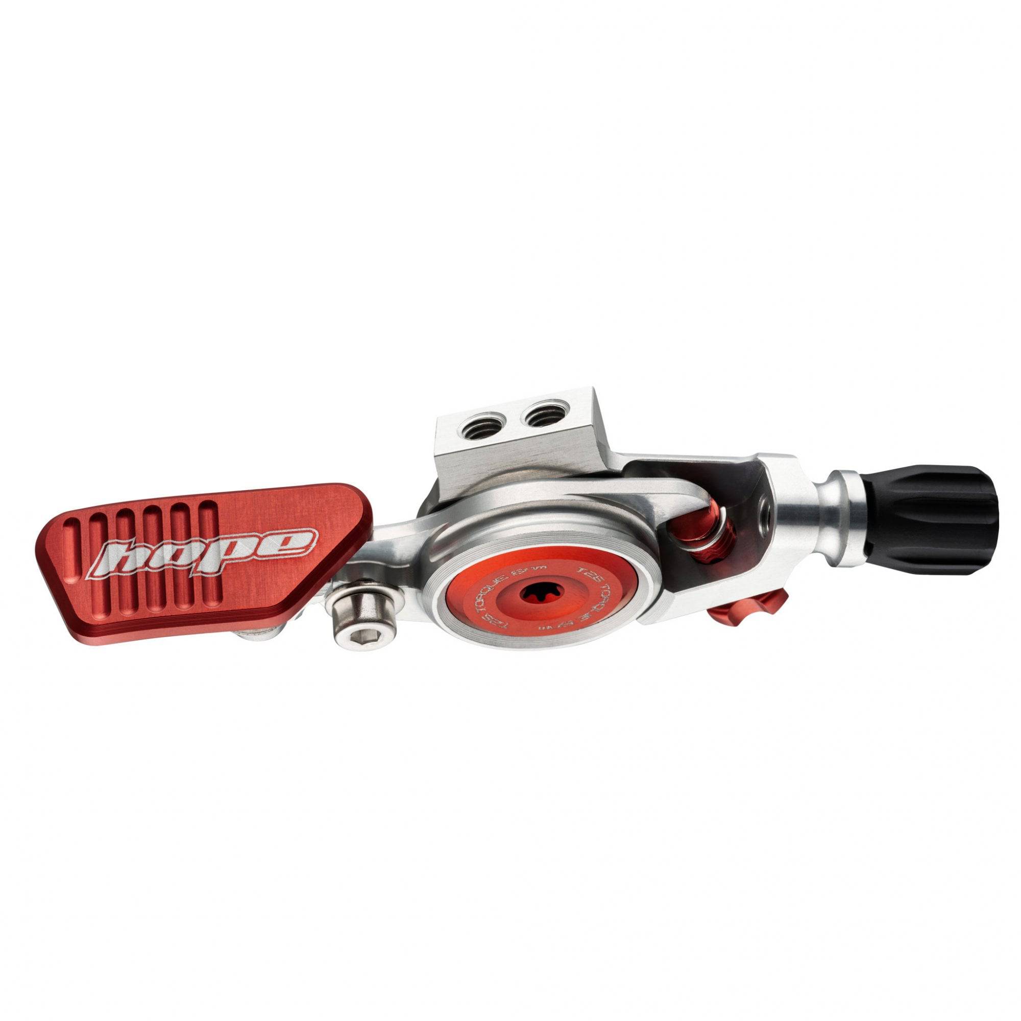 Hope CNC machined dropper lever with adjustable reach, designed for bicycle dropper posts, showcasing precise components and craftsmanship.