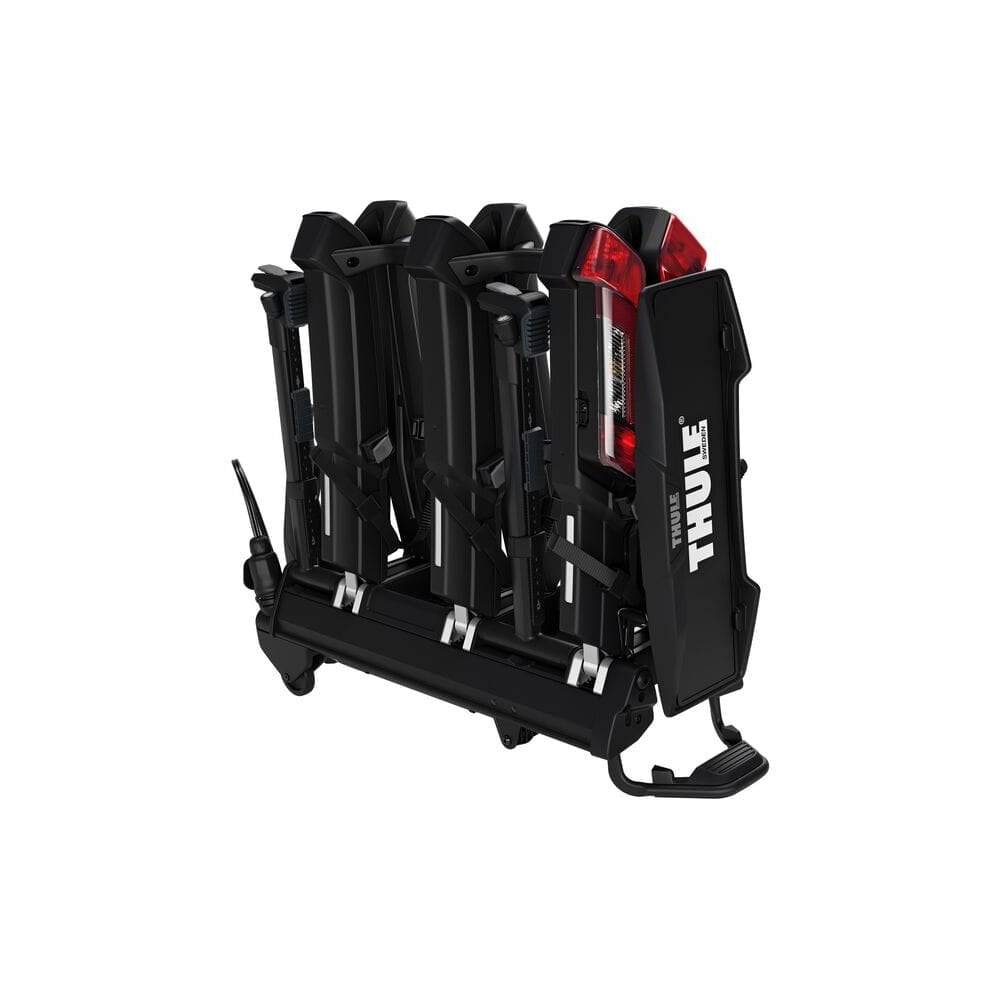 Thule Epos 3-bike towball carrier with 13-pin connector, designed for secure transport of bicycles on vehicle hitch.