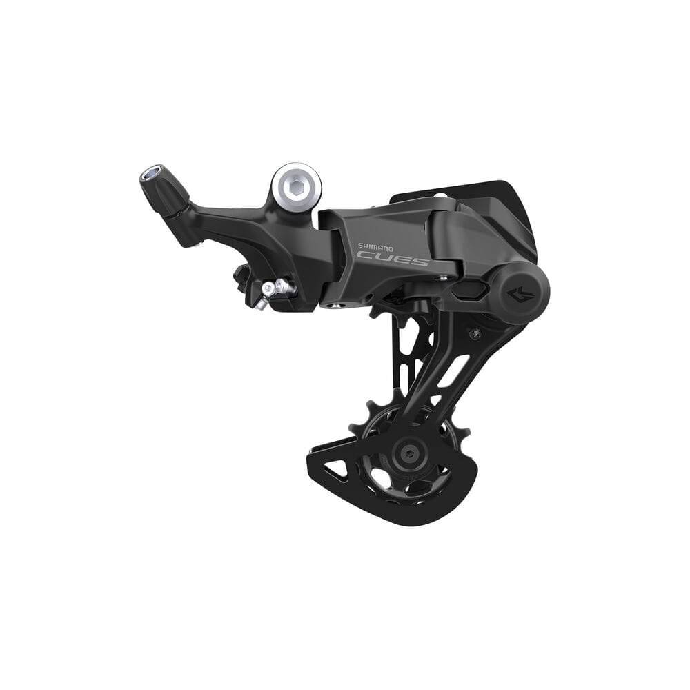 Shimano CUES RD-U4000 rear derailleur with medium cage for 9-speed MTB and E-bike, showcasing the Shimano branding and mechanical parts.