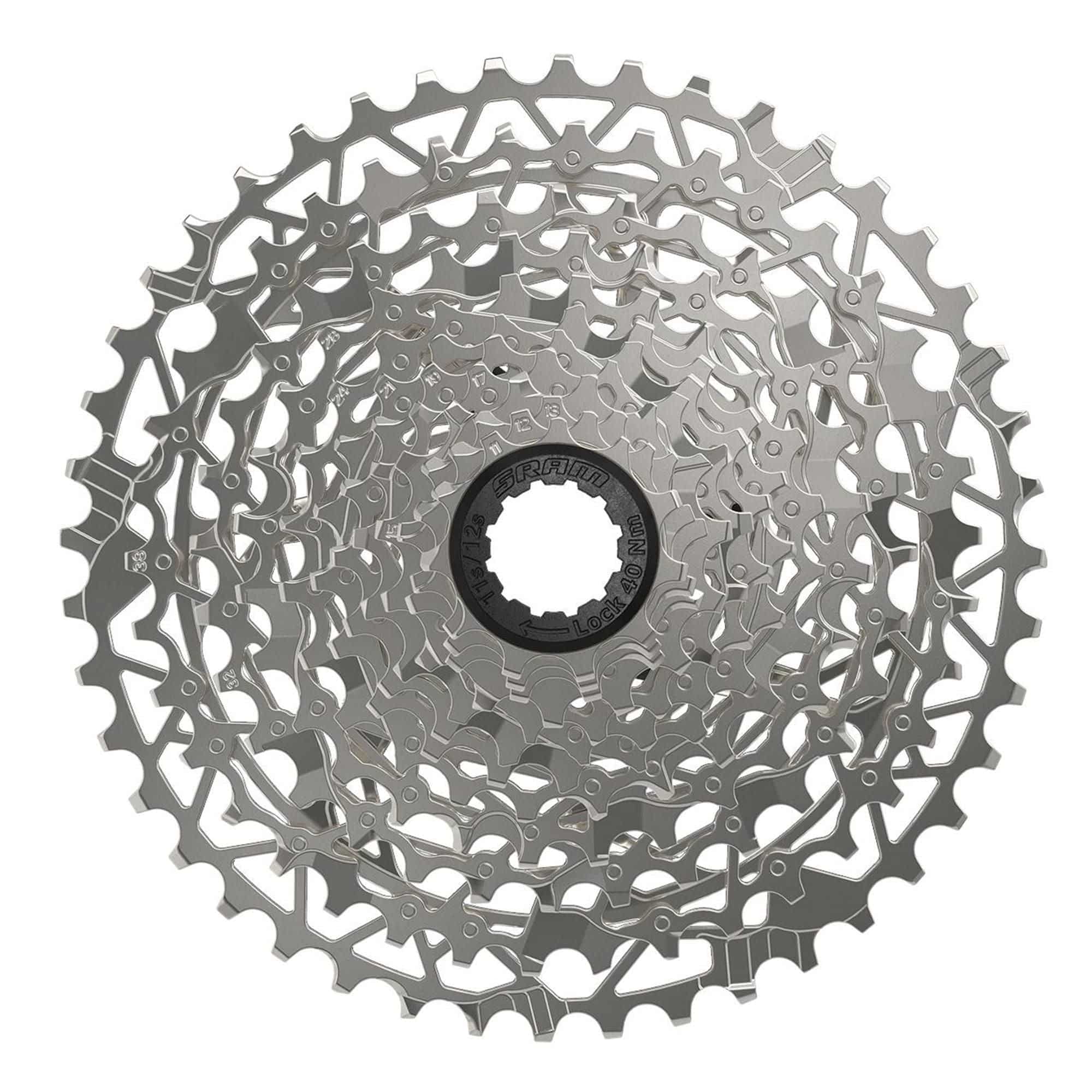 SRAM PG-1231 XPLR 12-speed cassette with 11-44T gear range for 1x drivetrain, featuring durable metal construction and gear teeth.