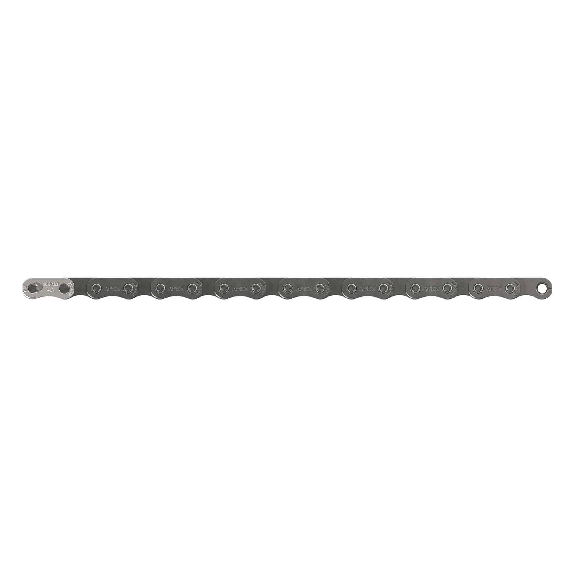 SRAM Apex D1 12-speed road bike chain with PowerLock connector, showing the durable metal links and sleek design.