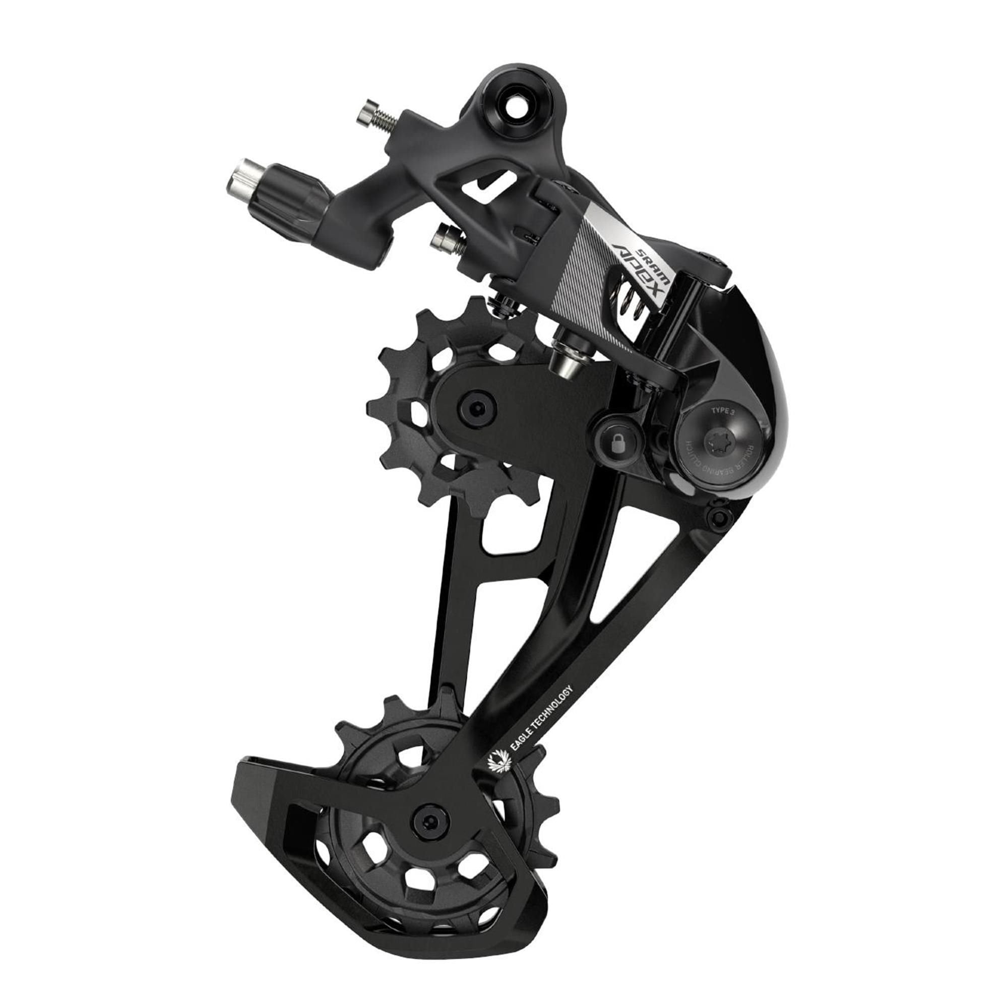 SRAM APEX Eagle 12-speed mechanical MTB rear derailleur with max 52T capacity, black bike component for mountain biking.