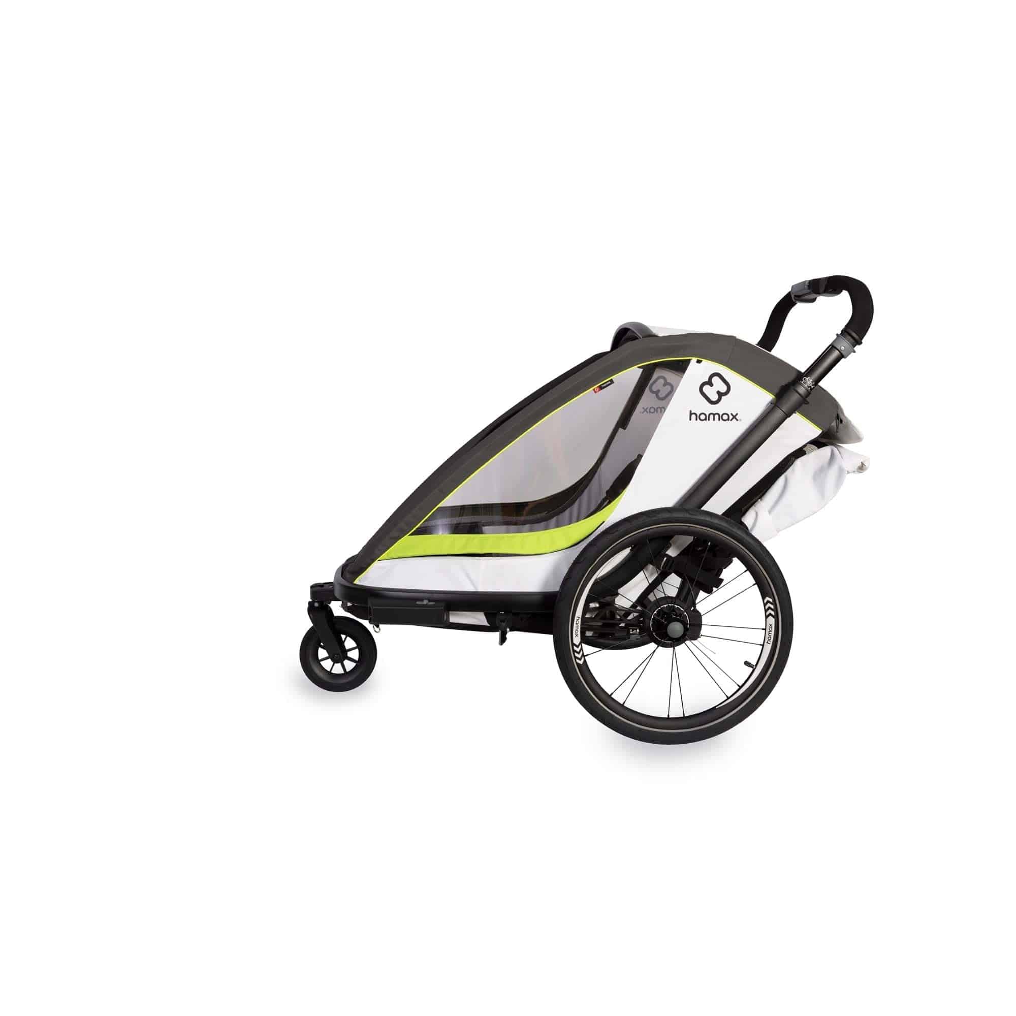 Hamax Breeze child bike trailer with stroller wheel, safety features, and durable frame for secure family outdoor adventures.
