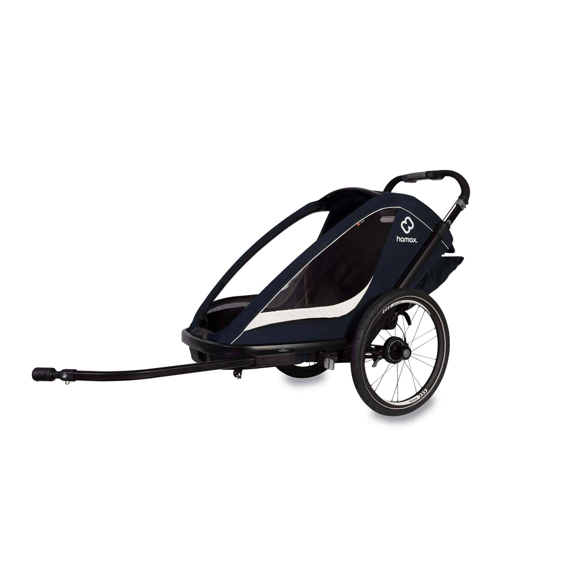 Hamax Breeze child bike trailer with stroller wheel and safety features, showing the trailer's sleek design and safety harness.