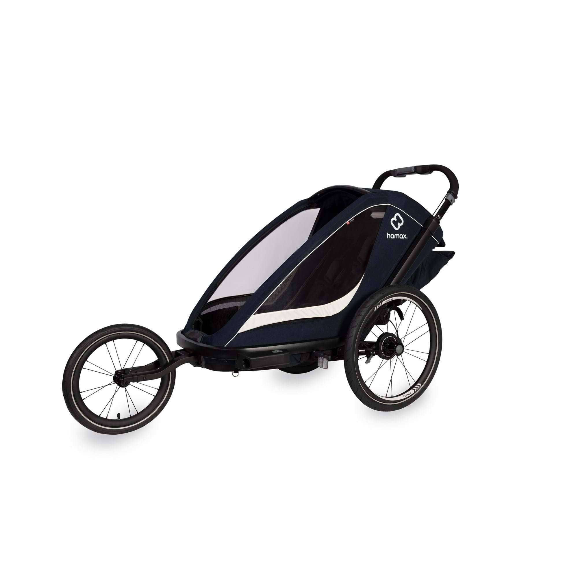 Hamax Breeze child bike trailer with stroller wheel, safety features, and durable frame for secure family biking adventures.