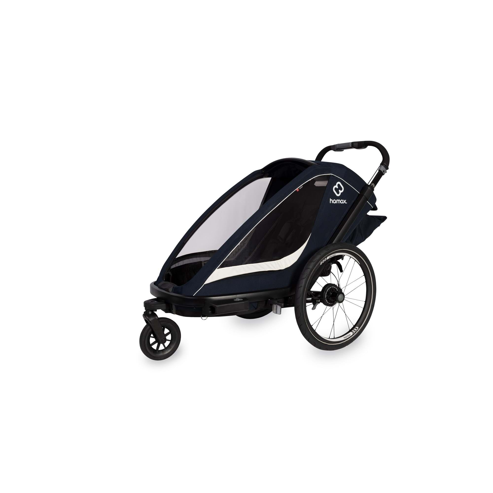 Hamax Breeze child bike trailer with stroller wheel, safety features, and durable frame, designed for secure family biking adventures.