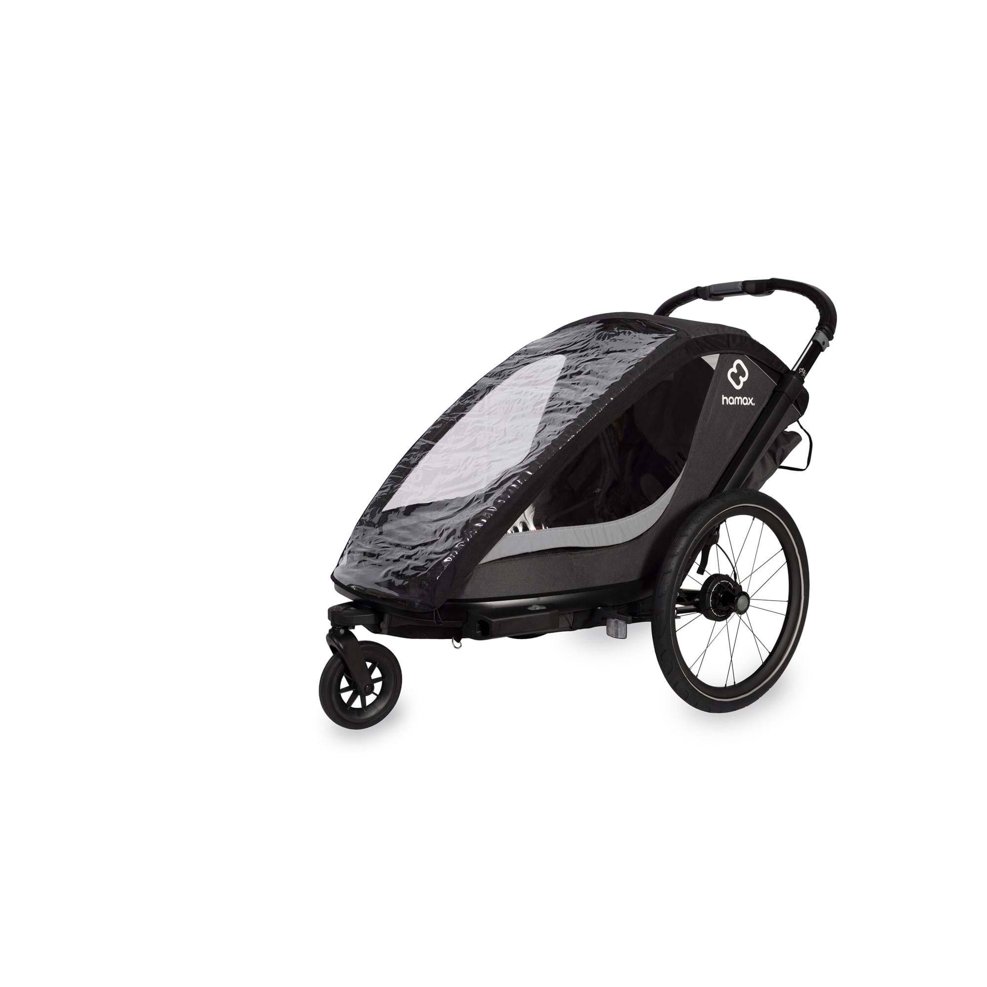 Hamax Cocoon Twin child bike trailer and stroller with braking system, shown with seats and convertible design for kids' outdoor activities.