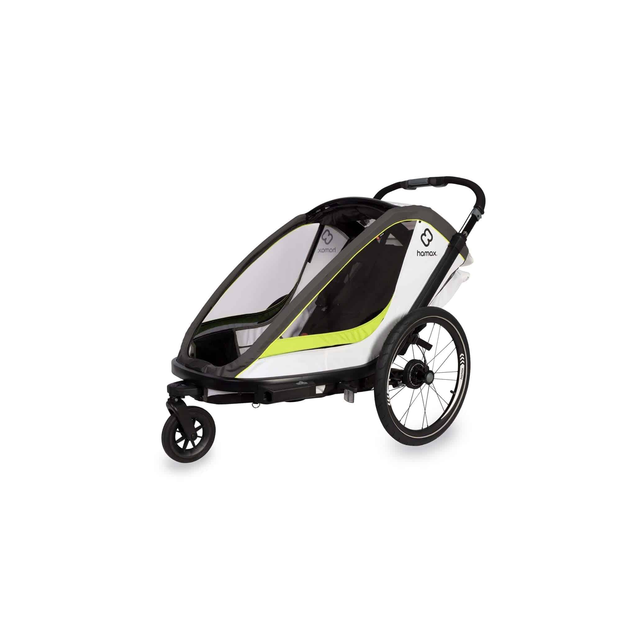 Hamax Breeze twin child bike trailer with stroller conversion, safety features, and durable frame for family biking adventures.