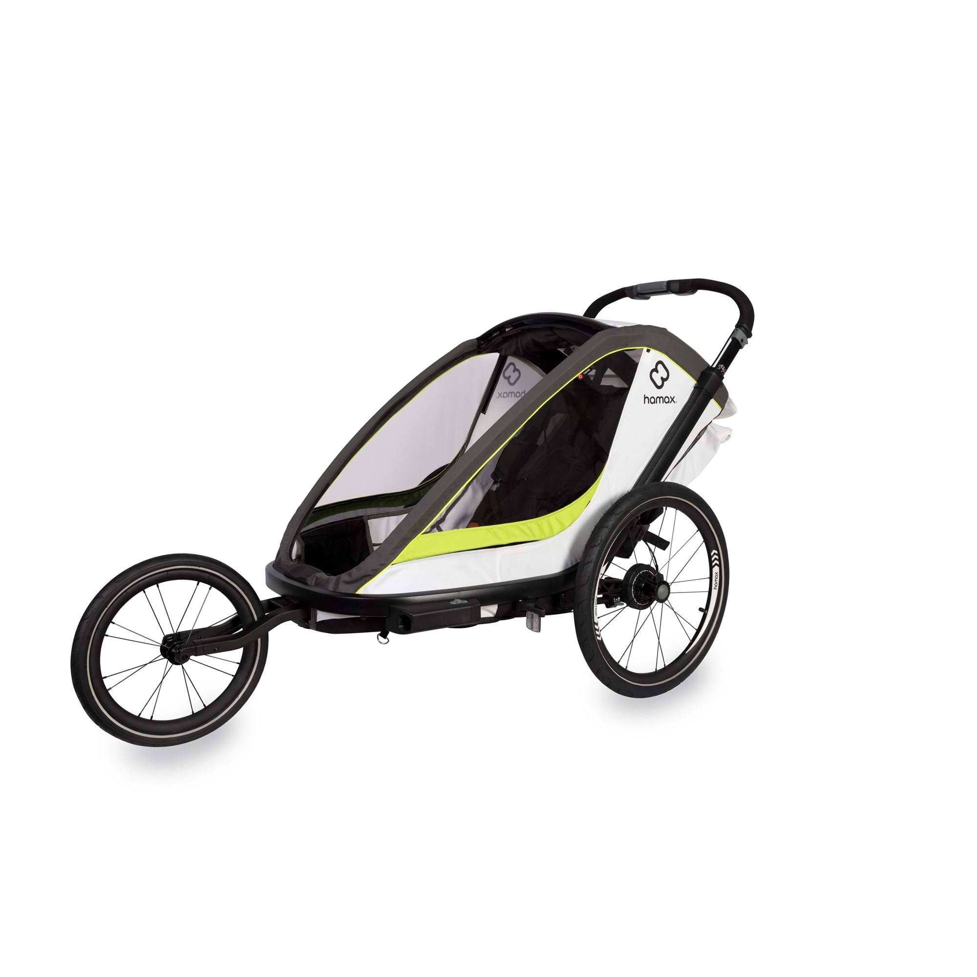 Hamax Breeze twin child bike trailer with stroller conversion, safety features, and durable frame for family cycling adventures.