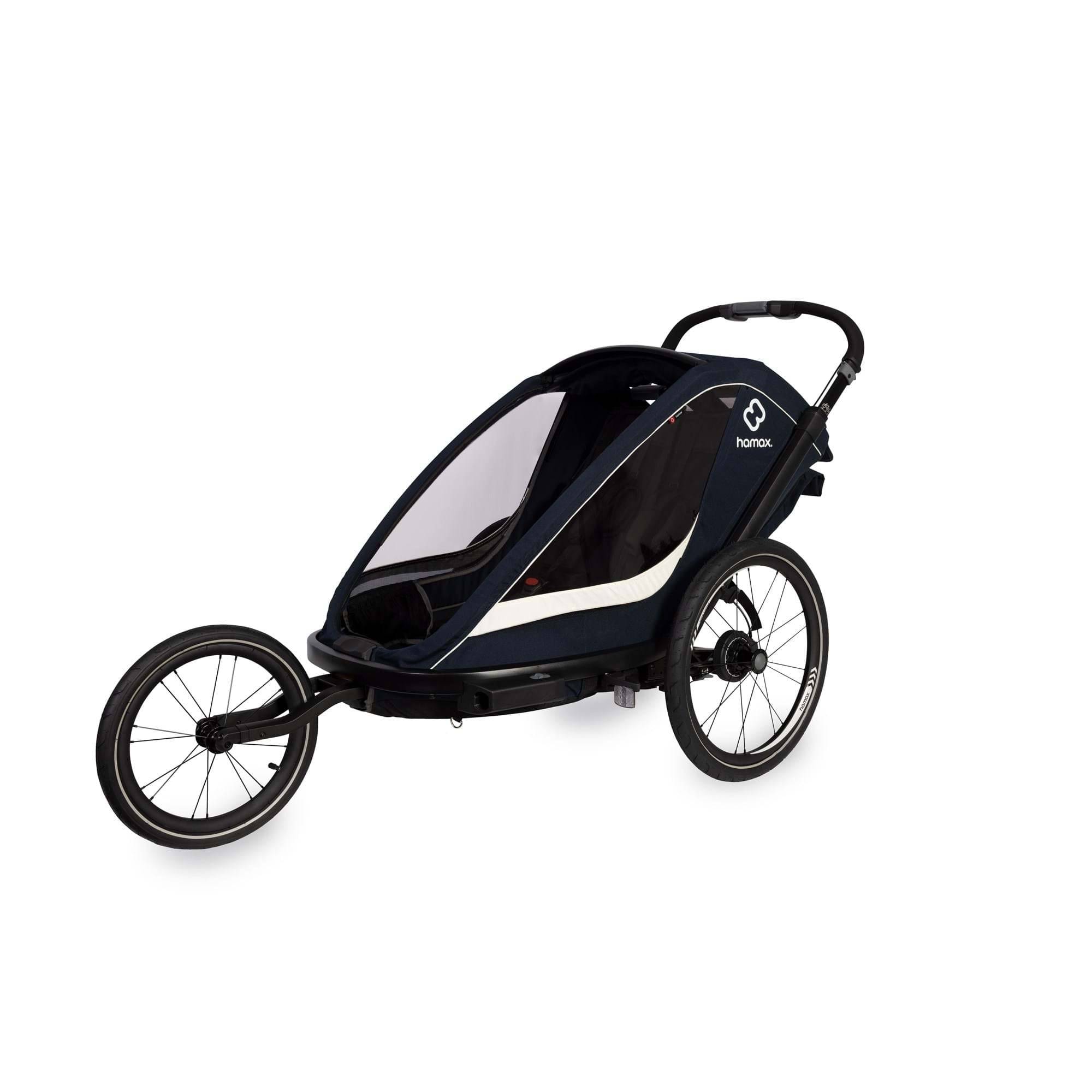 Hamax Breeze twin child bike trailer with stroller conversion, safety features, and durable design for family cycling adventures.