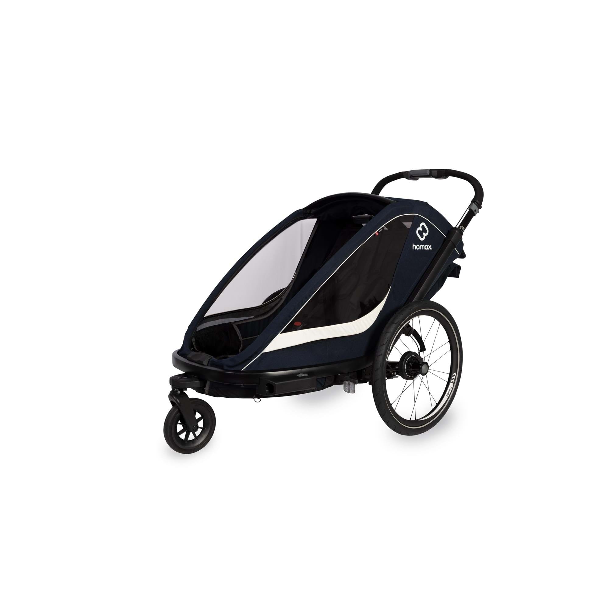 Hamax Breeze Twin child bike trailer with stroller conversion, safety harness, and secure frame for kids' outdoor adventures