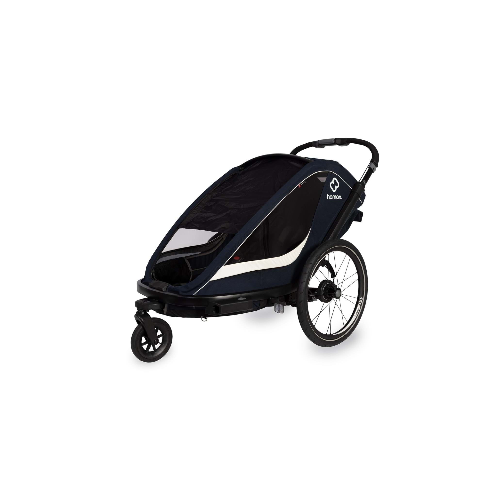 Hamax Breeze twin child bike trailer with stroller conversion, safety features, and durable frame for outdoor family rides.