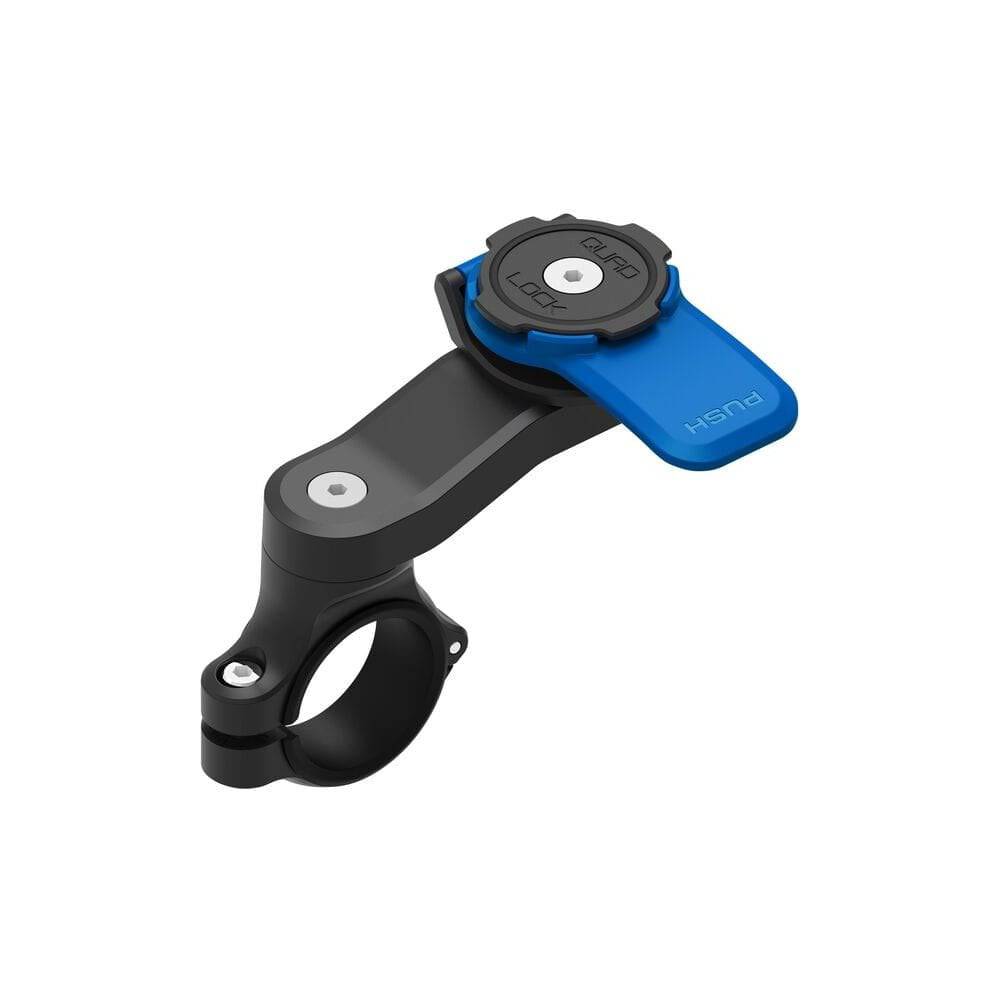 Quad Lock Motorcycle Handlebar Mount V2 securing a smartphone to motorcycle handlebars, designed by Quad Lock for safety and convenience.