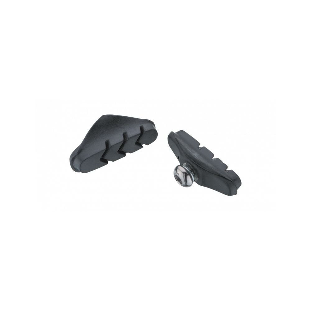 Jagwire Basics black road bike brake pads showing durable rubber pads and metal mounting hardware for reliable braking.