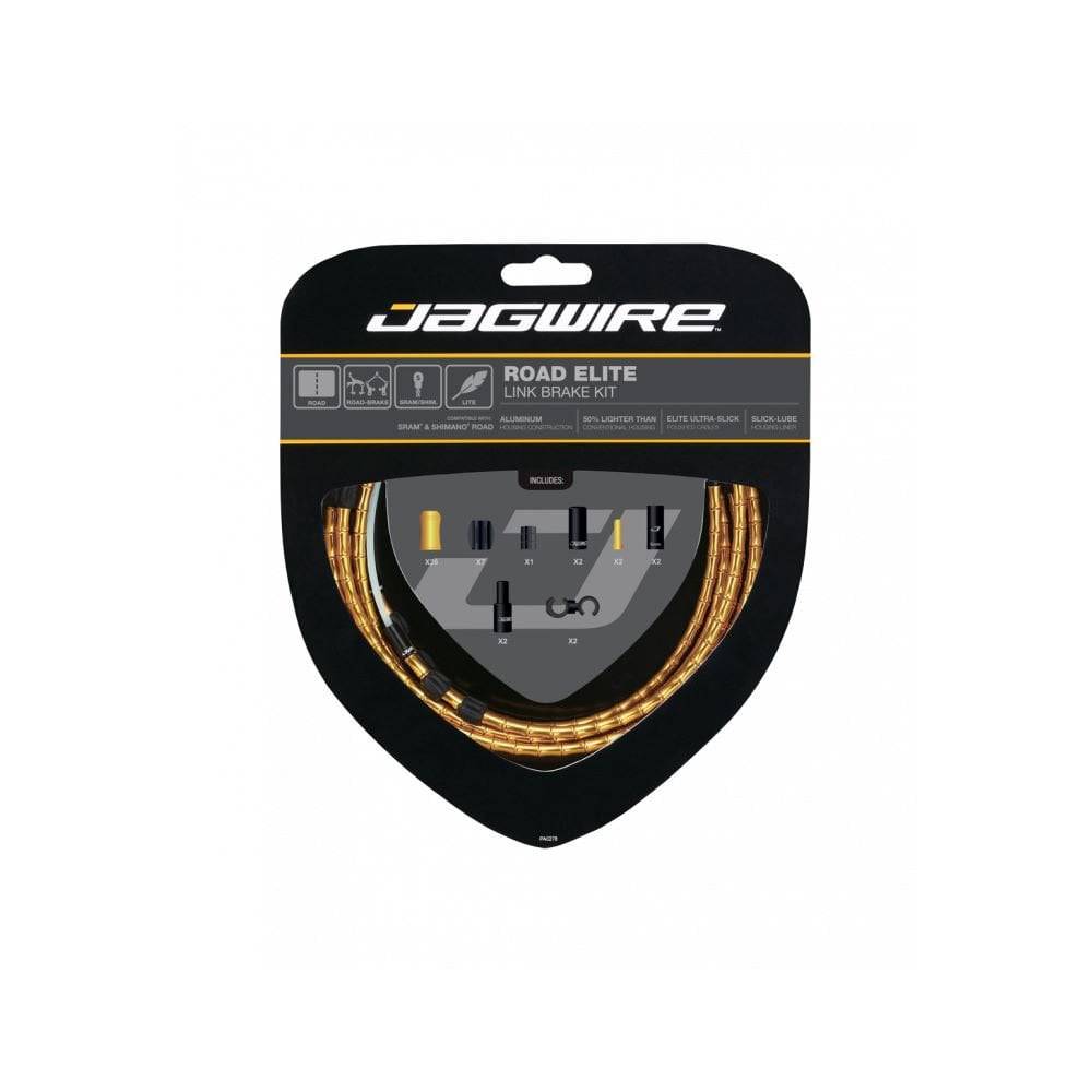 Jagwire Elite Link road bike brake cable kit with aluminum link housing, showing cables and housing components.