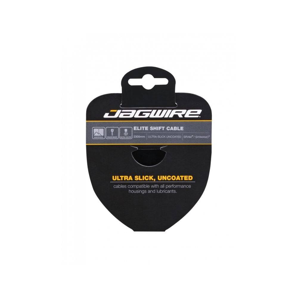 Jagwire Elite Ultra-Slick Shimano gear shift cable showing smooth, low-friction cable with black housing and metal fittings.