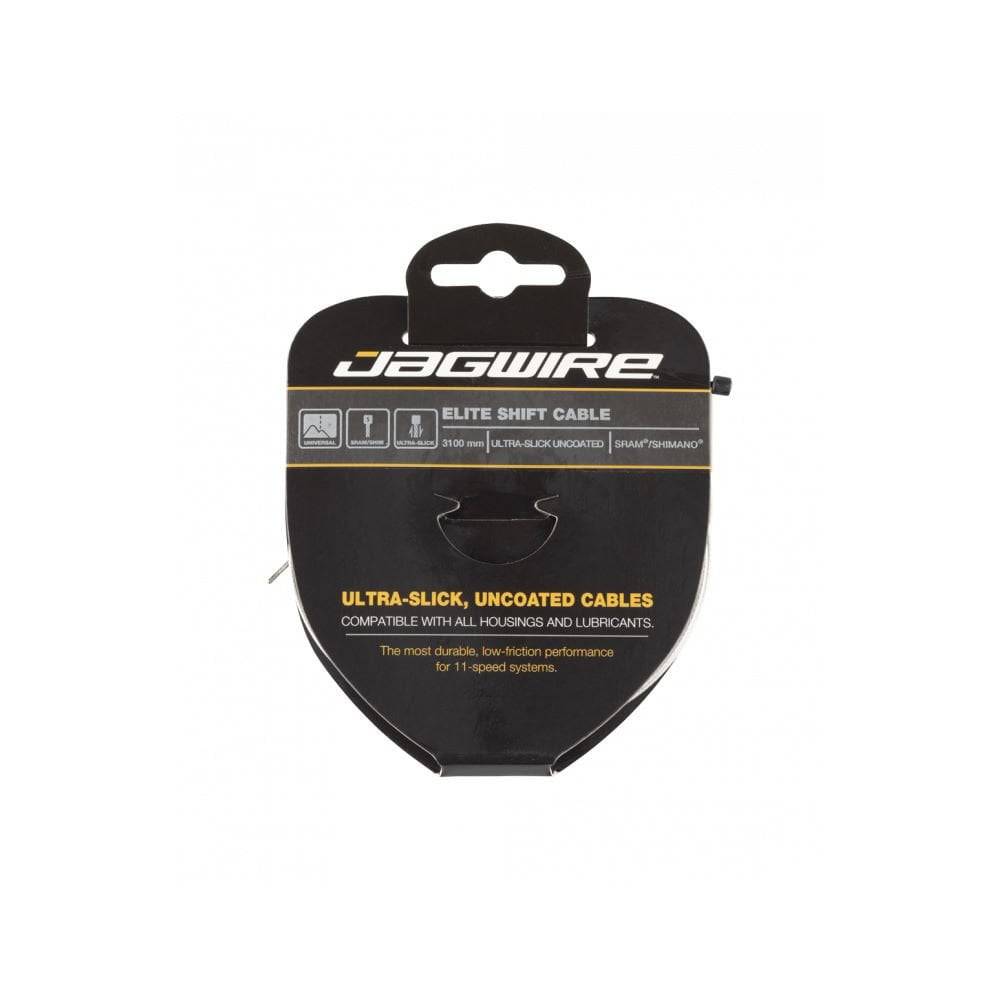 Jagwire Elite Ultra-Slick Shimano gear shift cable showing smooth, low-friction cable with branded packaging and packaging label visible.
