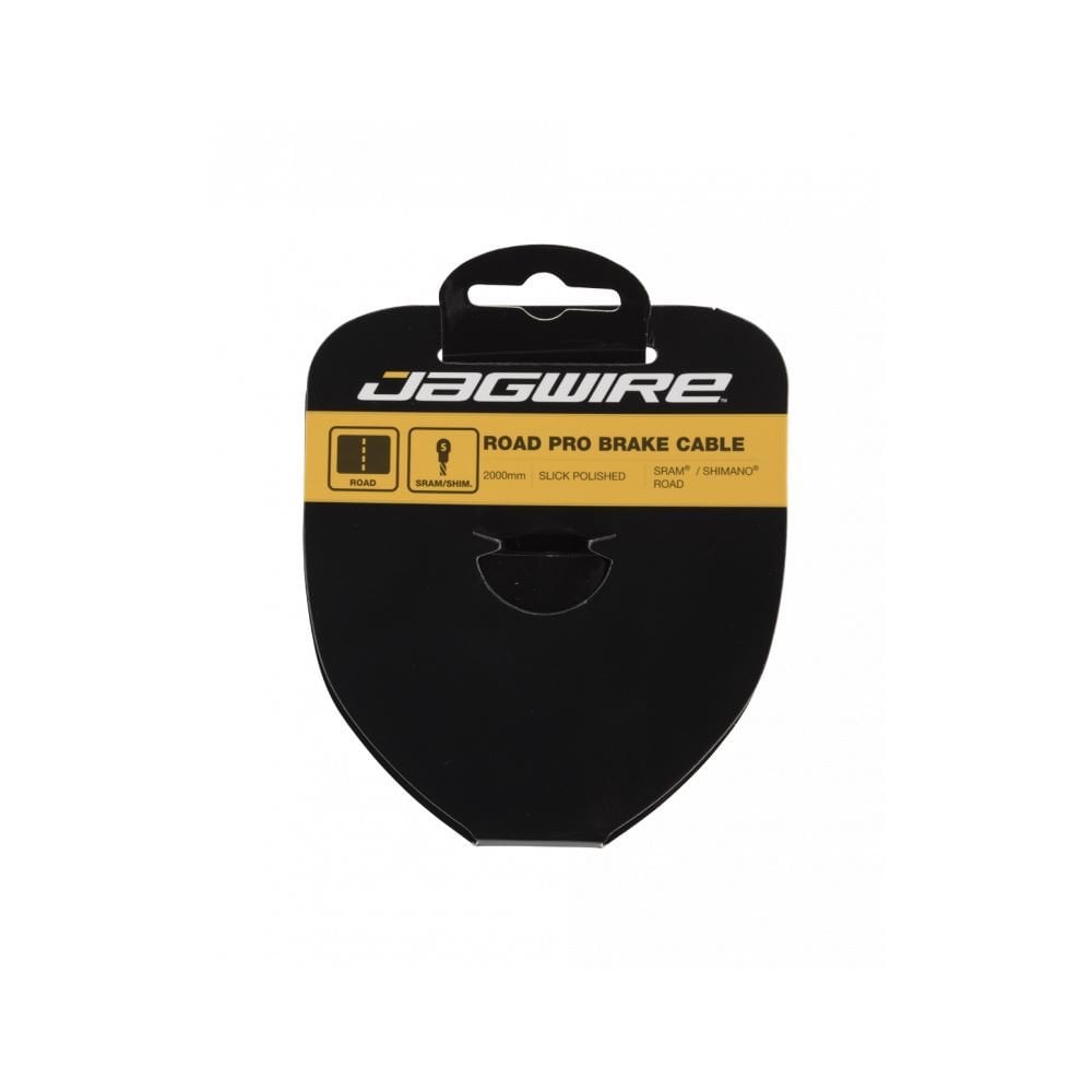 Jagwire Pro MTB brake cable made of slick stainless steel for SRAM and Shimano mountain bikes, shown installed on a bike component.