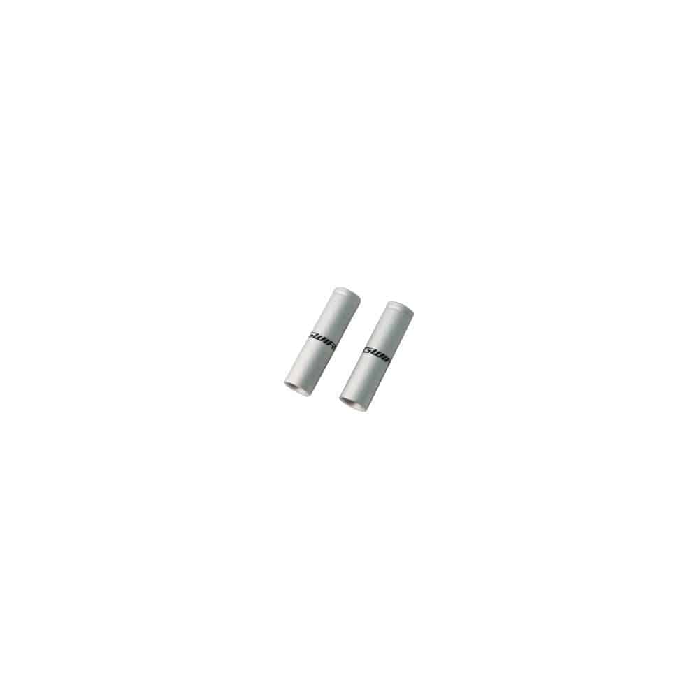 Jagwire 10-pack silver double-ended 4mm shift housing connectors for bikes, showing close-up of metal connectors on component.