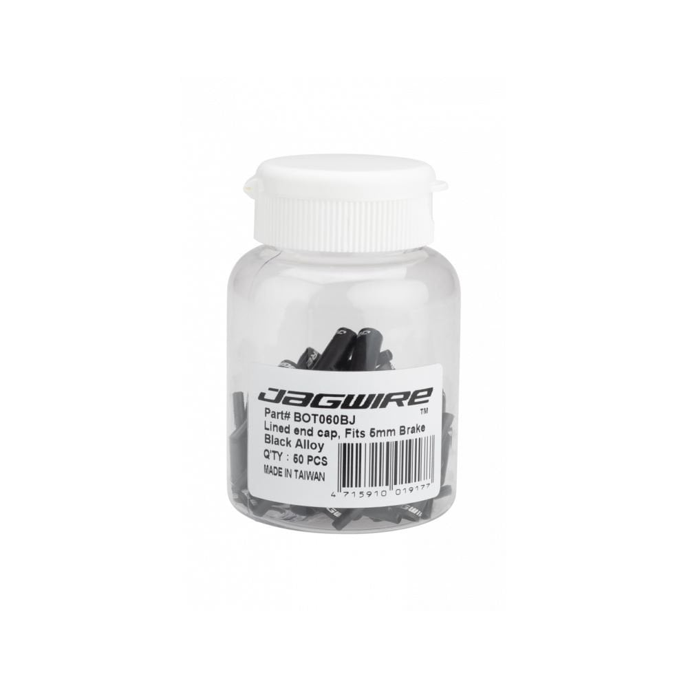 Jagwire Alloy Black Lined End Caps for 5mm brake cables, 50-pack, bicycle component protection and cable management.