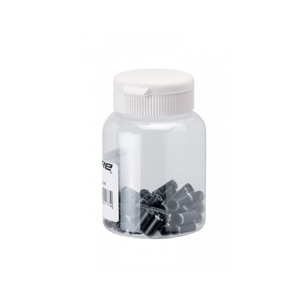 Jagwire 4mm black alloy open end caps for shift cables, pack of 50, designed to ensure smooth cable performance on bikes.