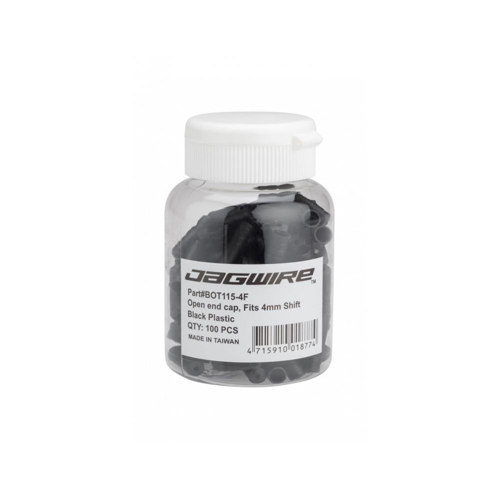 Black Jagwire 4mm shift cable open end caps for derailleur, plastic components, 100-pack for bicycle gear shifting.