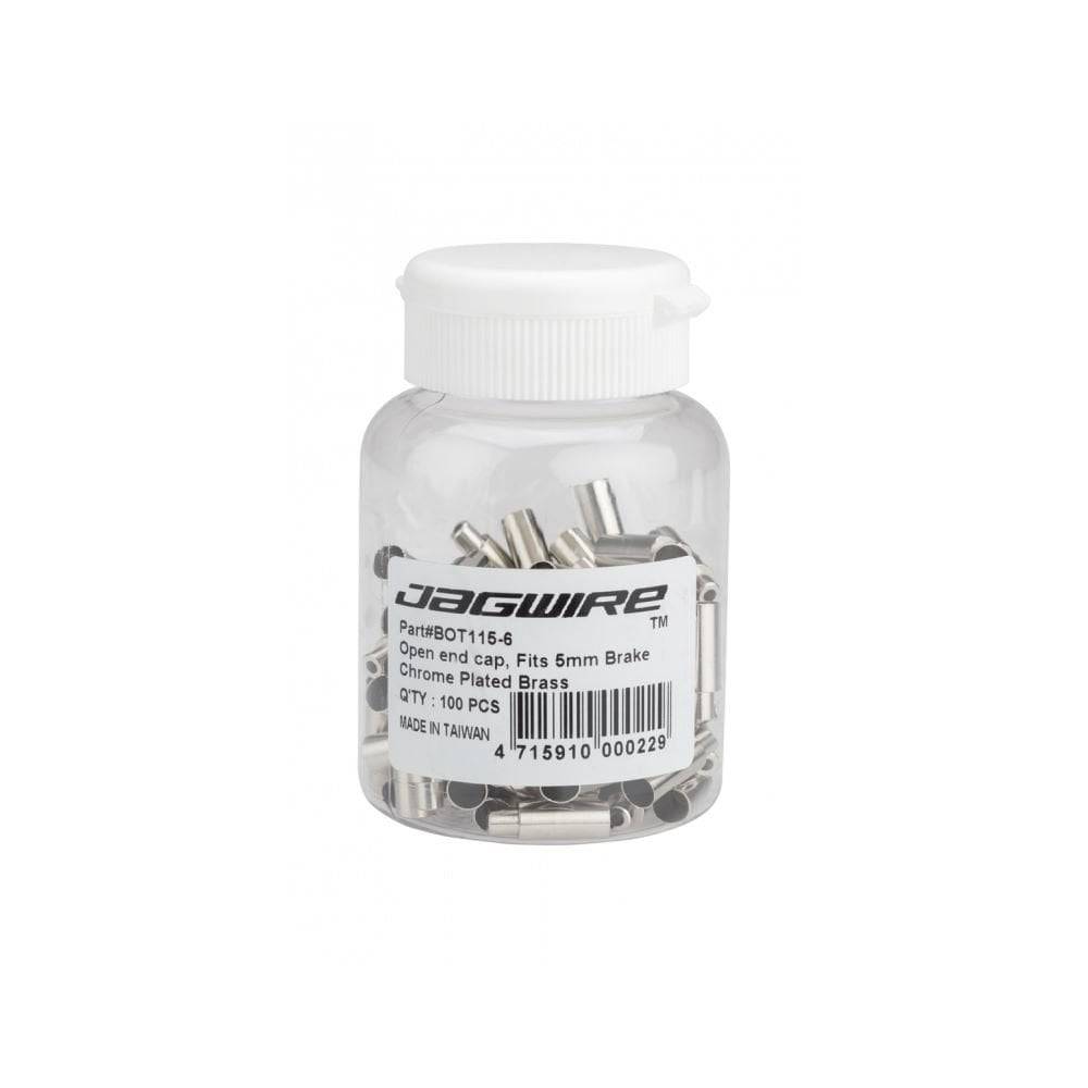 Set of 100 silver Jagwire open end caps for brake and road cable stops, 5mm to 4mm brass components for bicycle brakes.
