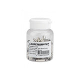 Set of 100 silver Jagwire open end caps for brake and road cable stops, 5mm to 4mm brass components for bicycle brakes.