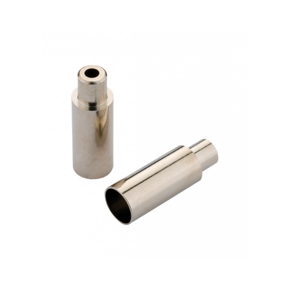 Set of Jagwire silver brass open end caps, 5mm brake to 4mm road cable stops, for bicycle brake cable components.