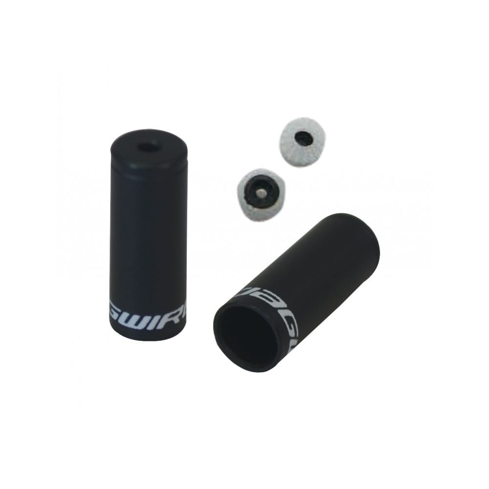 Jagwire sealed alloy end caps for 4mm shift cables in black, shown in a 50-pack, used as bike component accessories.