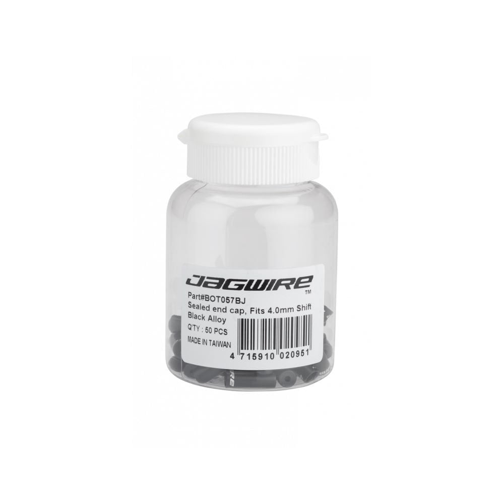 Jagwire sealed alloy end caps for 4mm shift cables, black, pack of 50, bicycle components for gear cable installation.