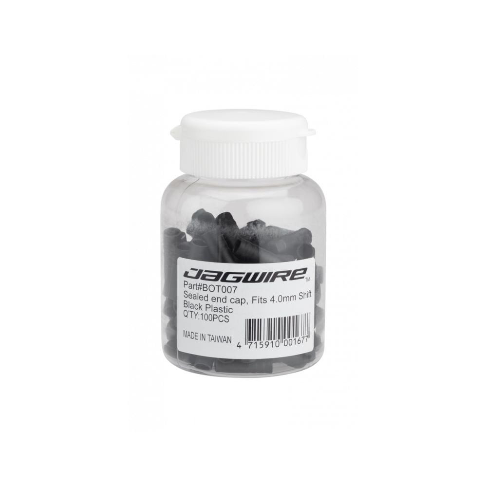 Black Jagwire sealed end caps for 4mm shift cable housing, plastic components, shown in a 100-pack for bike gear maintenance.