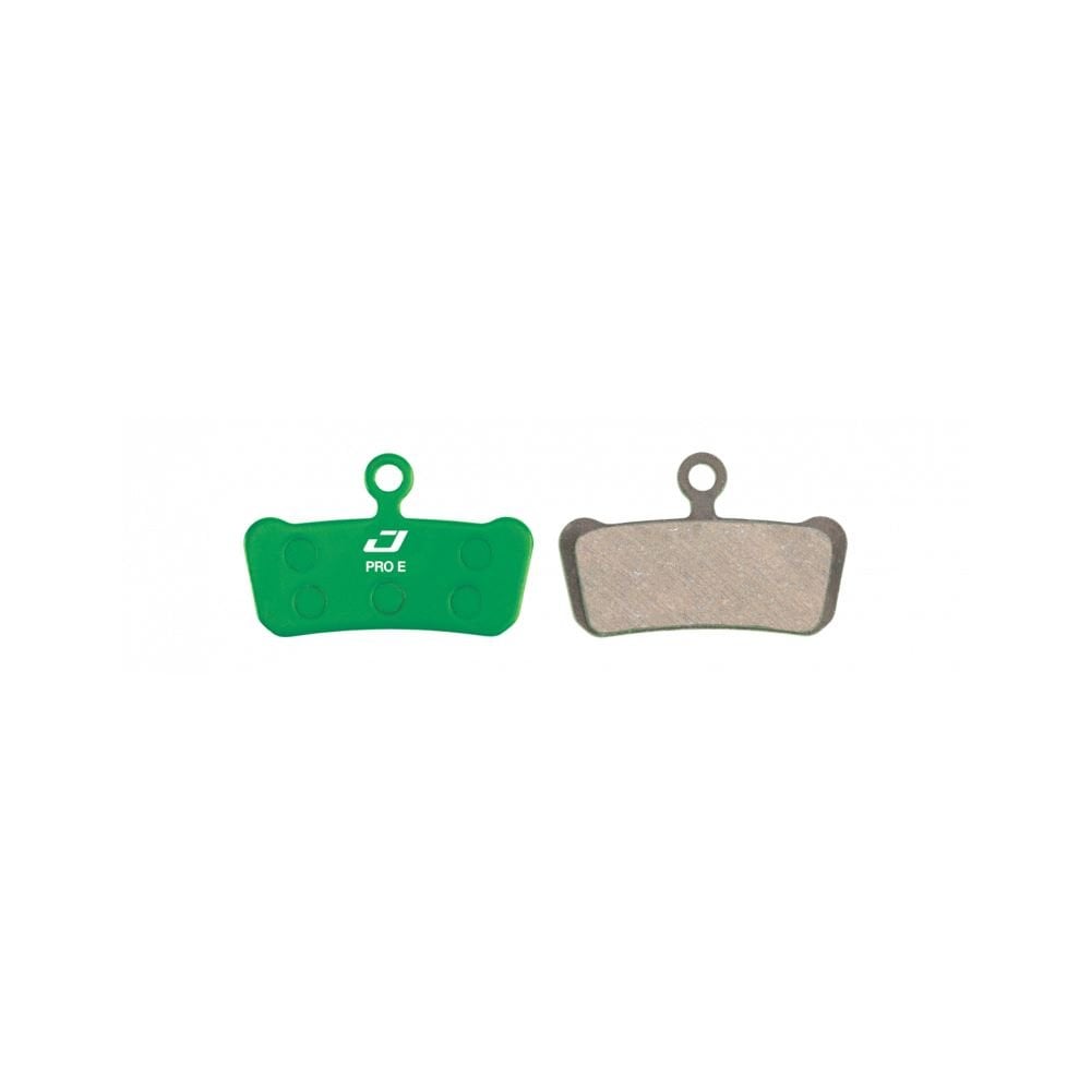 Jagwire Pro E-Bike disc brake pads for SRAM Guide and Avid Trail hydraulic brake systems, shown mounted on brake calipers.