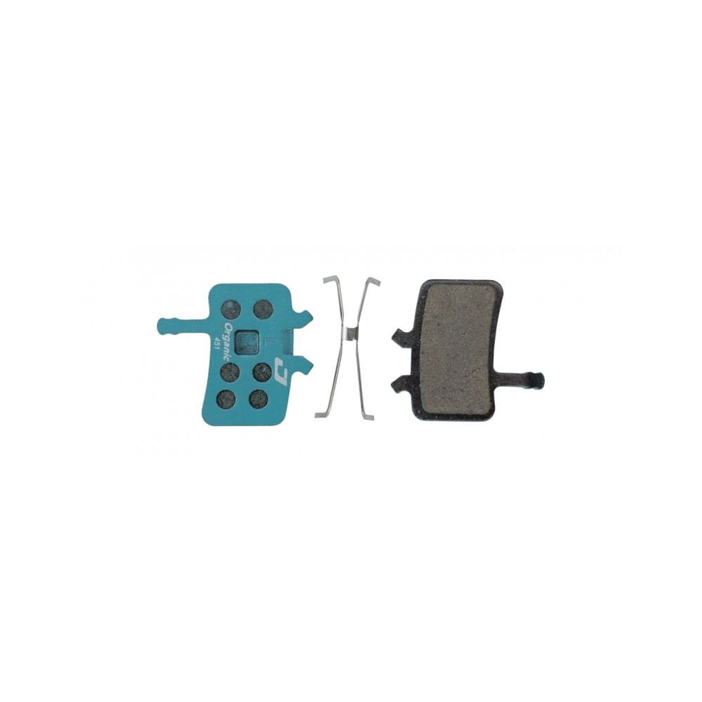 Jagwire Sport Organic disc brake pads for Avid BB7 and Juicy Blue Sport mountain bike brake systems, showing the pad design.