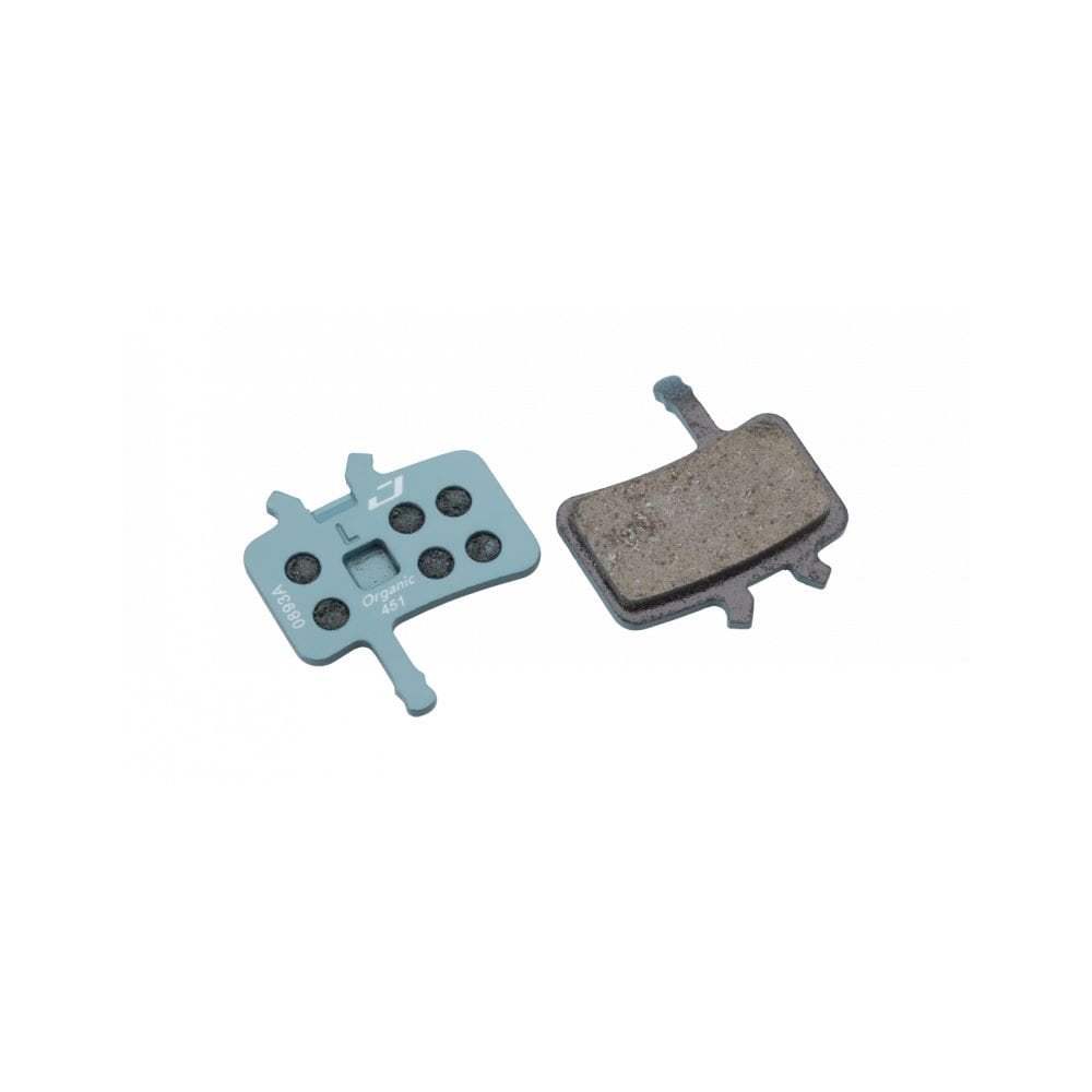 Jagwire Sport Organic disc brake pads for Avid BB7 and Juicy Blue Sport mountain bike brake systems, showing the pad design.