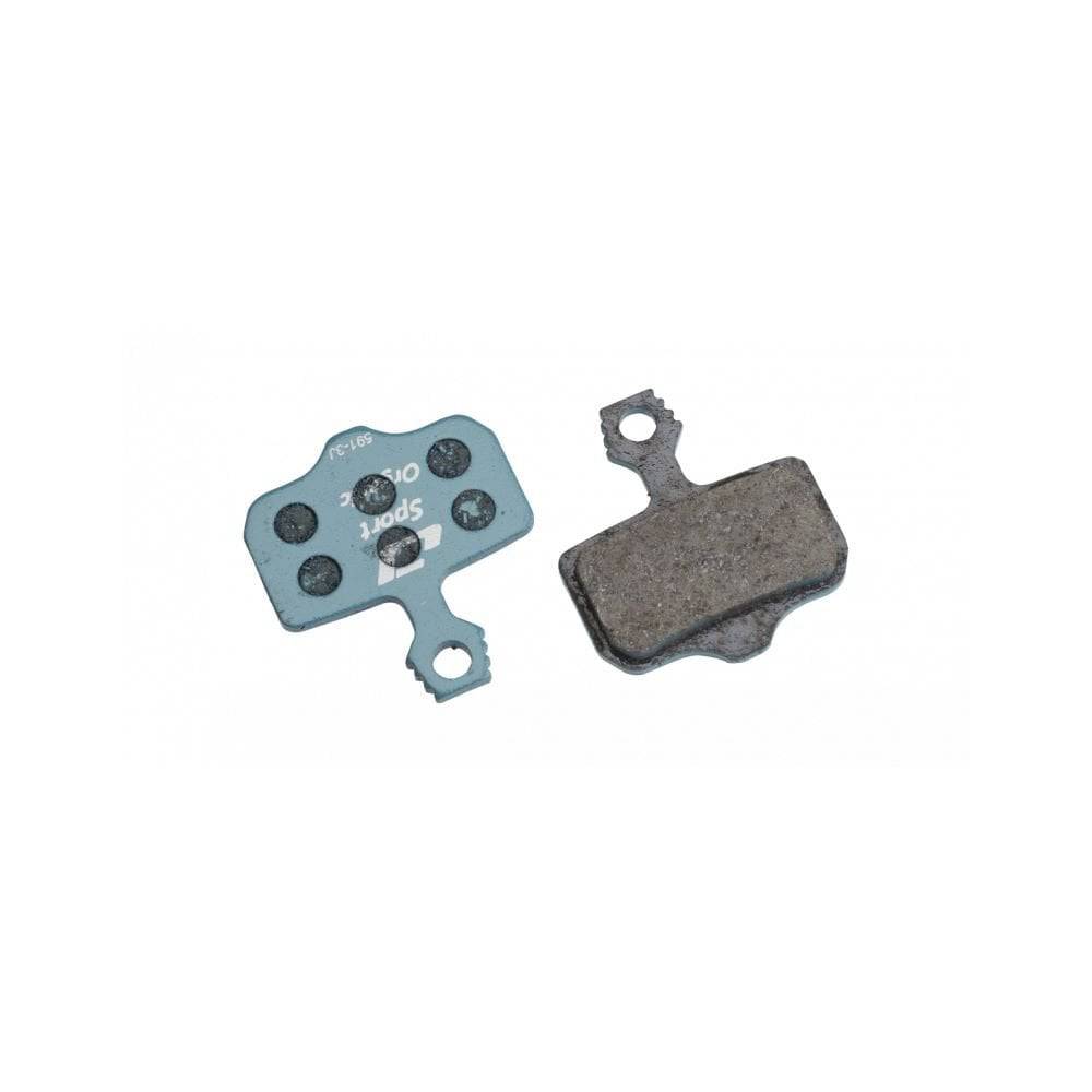 Jagwire Sport Organic disc brake pads for SRAM AXS Road and Avid Blue Sport bikes, showing the brake pad components.