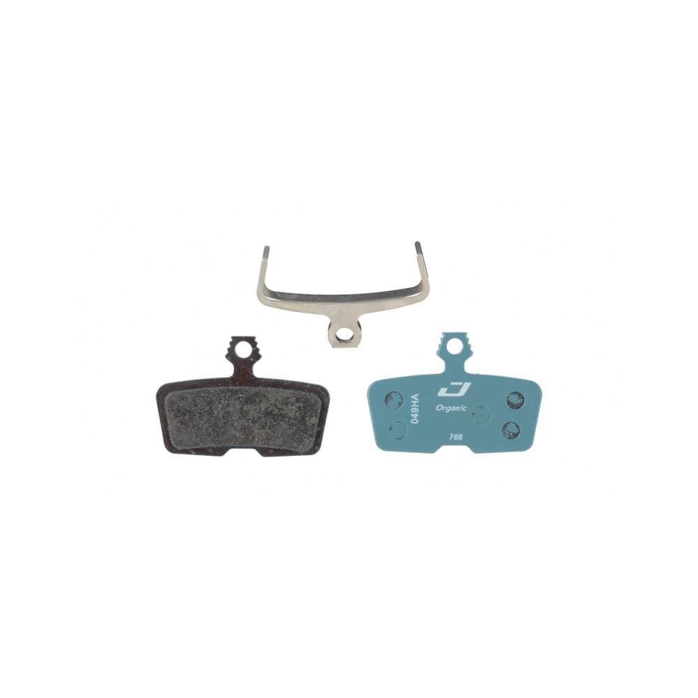 Jagwire Sport Organic Disc Brake Pads for SRAM Code Blue mountain bike brake system, showing the brake pad material and design.